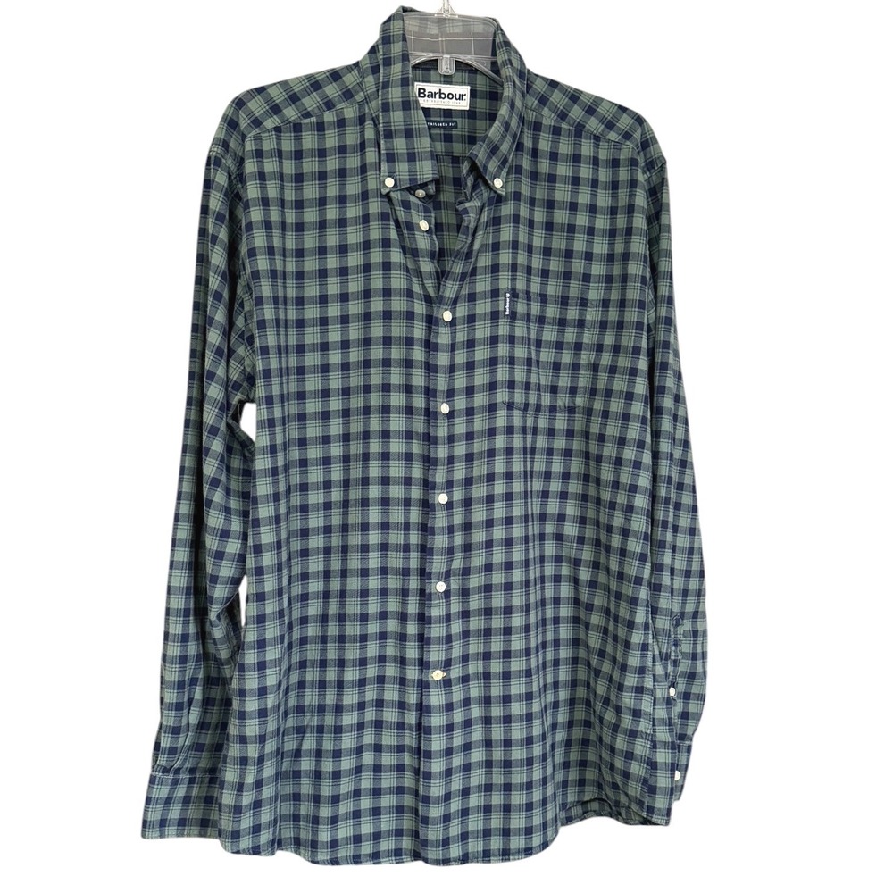 Barbour Tailored Fit Navy Green Plaid Country Check Button Up Shirt Sz XL Preppy